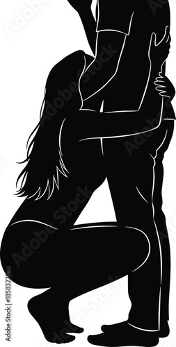 Silhouette of romantic young couple, woman kneeling and hugging man around waist, intimate lovers embrace, emotional relationship and passion isolated on white background