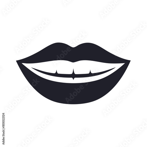 Stylized Lips Graphic Illustration on White, Smiling Expression, Vector Contour Design, Mouth, Teeth, Beauty, Sensuality and Healthy Lifestyle