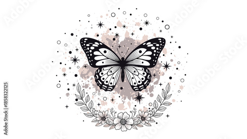 Beautiful black and white butterfly surrounded by delicate flowers, leaves, stars, and abstract ink splatters on a white background.