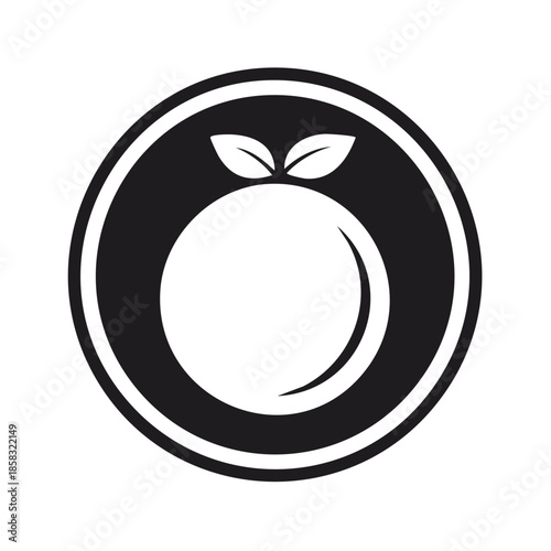 Stylized fruit logo design with leaves in a minimalist black and white circular emblem symbolizing freshness and organic produce.