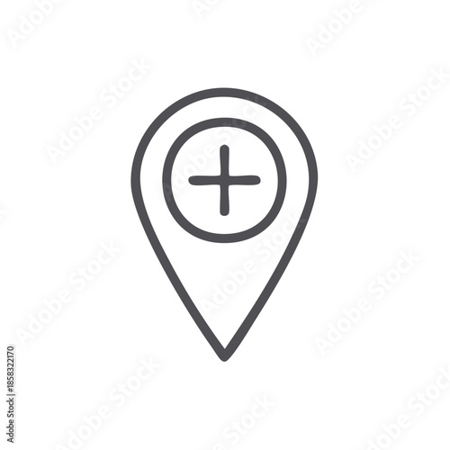 Free Download Simple outline of a map pointer icon featuring a plus sign on a white background - GFXLoad