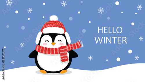Adorable penguin character wearing a red winter hat and a matching scarf in a snowy landscape with the text hello winter.