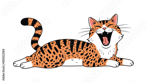 Cheerful orange striped cat character laughing with its mouth wide open while lying down on a white background in a cute cartoon style.