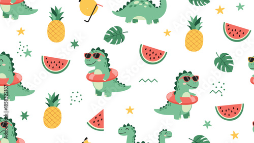 Fun and colorful seamless pattern featuring green dinosaurs with sunglasses and swimming rings among pineapples and watermelons.