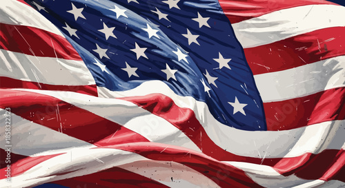 Closeup view of the american flag with stars and stripes waving in the wind