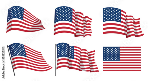 Six waving american flags with stars and stripes on a