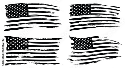 Four black and white american flags with a distressed, torn, and worn appearance, symbolizing patriotism and resilience