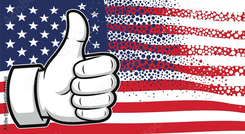 A hand giving a thumbs up gesture against an american flag background, symbolizing approval and patriotism