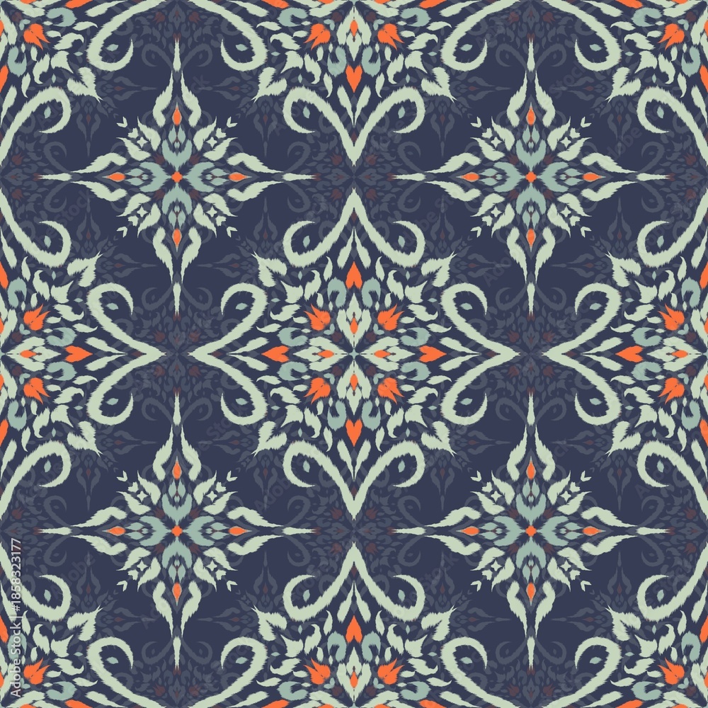 Fototapeta premium Modern Ikat Winter Bloom in Navy Orange Harmony