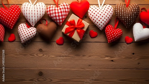 Valentine's day decorations with fabric hearts and gift on wooden background