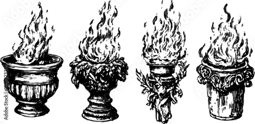 Engraved illustrations of pots with flames. Detailed hand-drawn designs in a vector set for visual clarity and artistic appeal.
