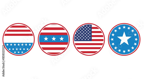 Four circular badges with american flag designs, stars, and stripes, isolated on