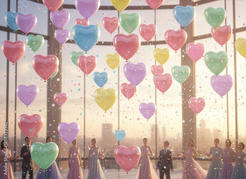 Ballons en forme de cœur dans une fête lumineuse
