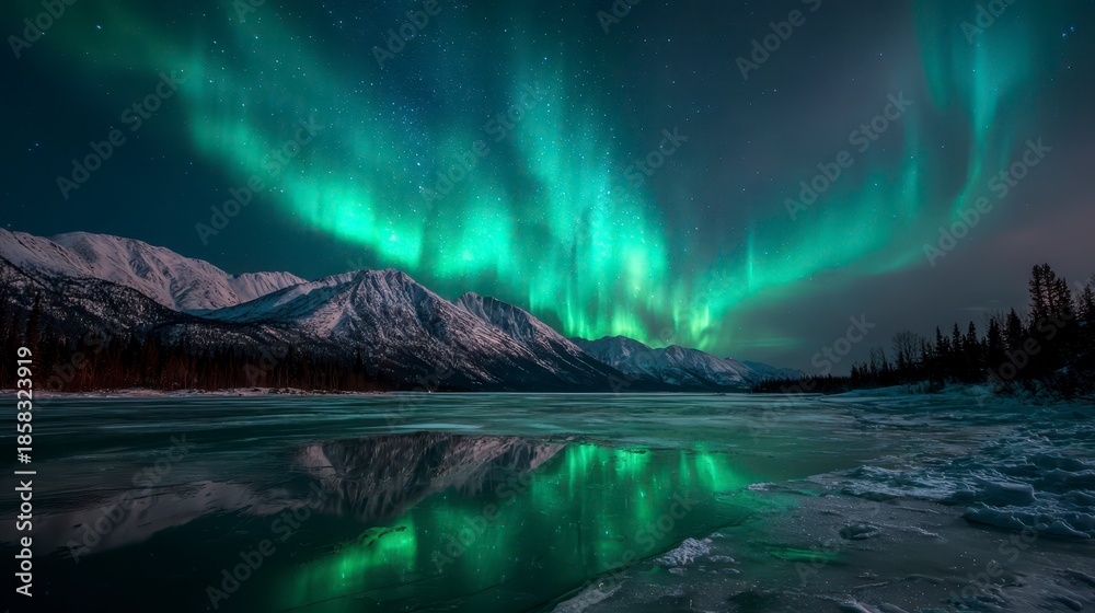 Naklejka premium A stunning nighttime landscape showcases the vibrant aurora borealis dancing above a frozen lake and snow-covered mountains