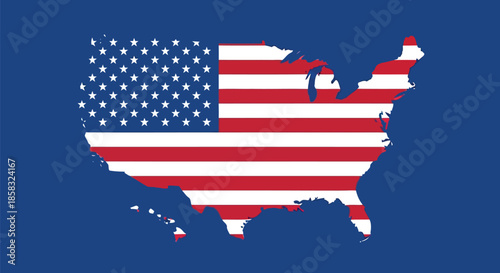 Map of the united states with the american flag design overlaid on the countrys shape, symbolizing patriotism and national pride