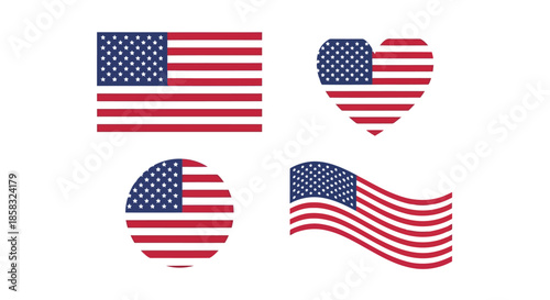 Four different designs of the american flag in various shapes including a heart and a waving flag