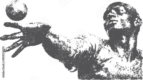 Man in action throwing a ball. Black and white vector illustration emphasizing motion and expression in a dynamic graphic style.