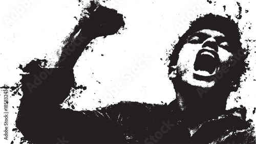 A powerful scream is depicted in black and white. This vector illustration showcases bold expression and dynamic texture in a monochrome style.