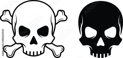 Skull icon set, danger symbols, pirate and poison graphics, Halloween warning signs, stylized bone emblems - flat vector illustration
