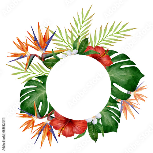 Watercolor tropical frame with hibiscus, bird of paradise flowers and monstera leaves on white background, illustration ideal for summer invitations, greeting cards, posters and botanical decoration.