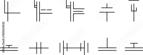 Structural steel weld symbols, engineering connection icons, architectural joint diagrams, construction detail set, technical drafting elements - flat vector illustration