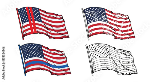 Four american flags waving in the wind, one in color, one in red, one in blue, and one in black and white, isolated on