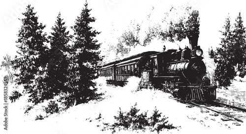 Vintage train engine in black and white vector illustration. The steam locomotive travels through a snow-covered forest, highlighting its historical significance in transport.