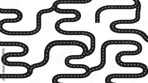 Winding road maze, abstract path design, dashed line curves, black background route pattern, complex travel layout - flat vector illustration