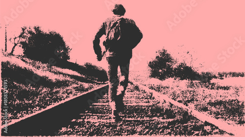 Person walking along a road or track in nature. Silhouette style with a gradient background, creating a calm outdoor vector illustration.