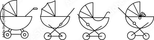 Baby stroller icons, infant carriage designs, pram variations set, childcare transport symbols, parenting gear graphics - flat vector illustration