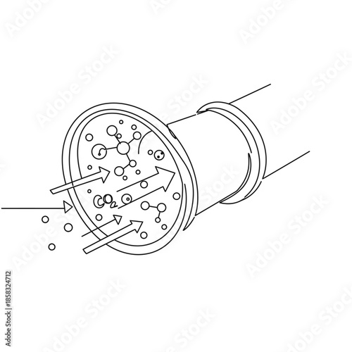 A minimalist line art illustration depicting carbon dioxide molecules contained within a transparent cylindrical structure, symbolizing environmental concerns and scientific research.
