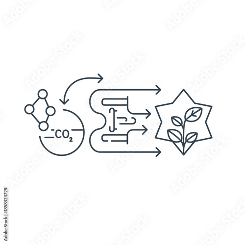 A clear linear icon illustrating the vital process of photosynthesis, depicting carbon dioxide transformation into plant matter, crucial for ecological balance.