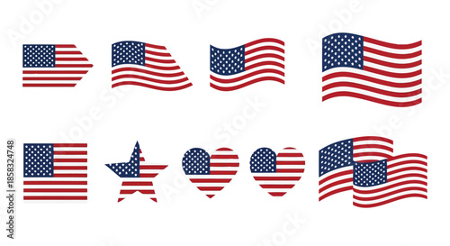 Collection of american flag icons in various shapes and styles, including heart and star designs, isolated on