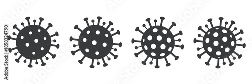 Set Of Four Stylized Coronavirus Icons In Black Silhouette On White Keywords: coronavirus, virus, icon, set, silhouette, black, white, medical