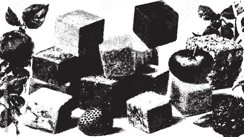 Sugar cubes in a black and white vector illustration. This set includes fruits like an apple and strawberry among fresh leaves.