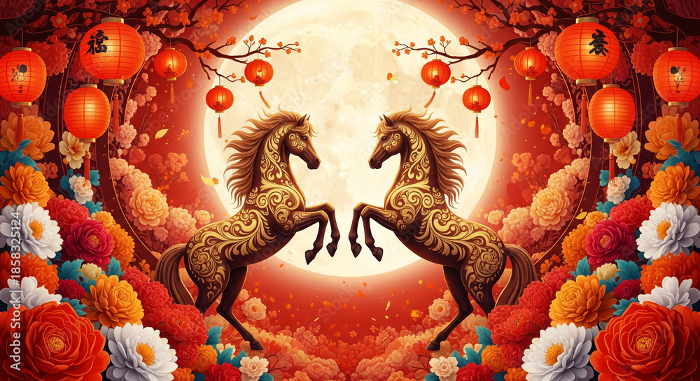 Fototapeta premium Happy Chinese New Year 2026 Year of the fire horse with Floral Lantern Asian Elements in Gold