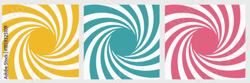 Three abstract swirling vortex backgrounds in yellow teal and pink pattern