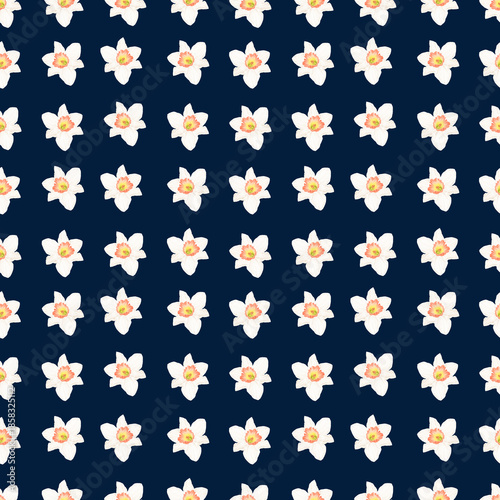 Daffodils, flowers with white petals . Watercolor illustration. Spring garden flowers, seamless pattern isolated on dark background. For Easter, March 8, flower shops and textile printing