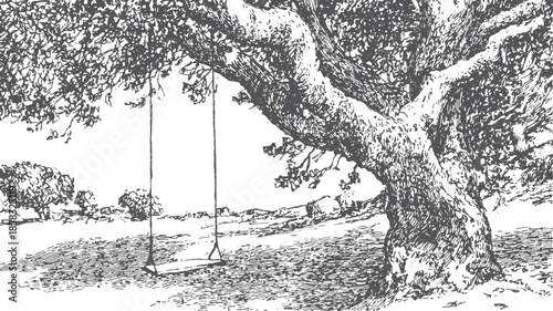 Illustration of a tree with a swing in a serene outdoor landscape. Black and white vector art featuring simple and organic shapes set in a peaceful setting.
