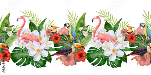 Watercolor seamless tropical border with flamingos, hummingbird, hibiscus, plumeria and lush green leaves on white background, illustration for summer banners, invitations, cards and botanical decor.