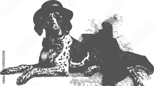 Spotted dog in vintage illustration, wearing a hat and tuxedo. Character set with fashionable and elegant style, perfect for vector art.