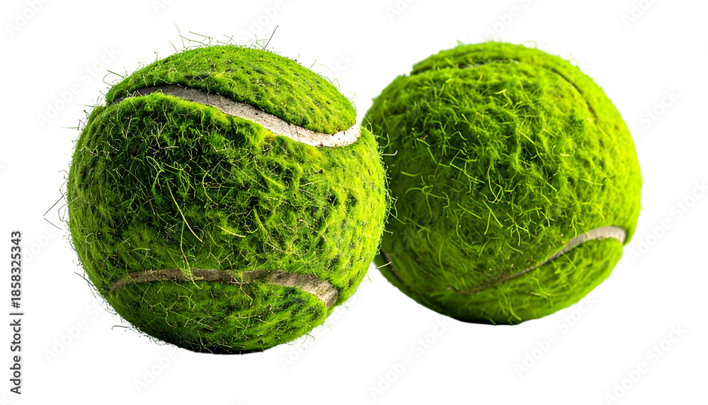 Obraz premium Two worn, green tennis balls in close-up, against a black background. Fuzzy and detailed