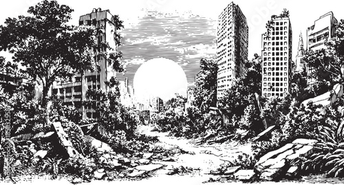 Abandoned buildings in a black and white landscape illustration. Eerie ruins with overgrown nature under a silhouetted sun, vector illustration.