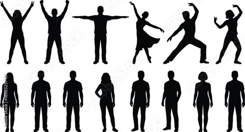 People silhouettes set with dancing and standing poses, black vector illustration for fitness, yoga, dance, lifestyle design projects templates collection