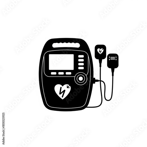 A close-up view of an automated external defibrillator device with electrode pads and a heart symbol on its screen, used in medical emergencies