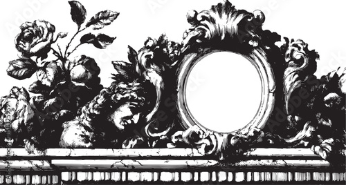 Decorative frame illustration featuring an ornate design with elegant roses. Black and white vector illustration with vintage elements in a detailed set.