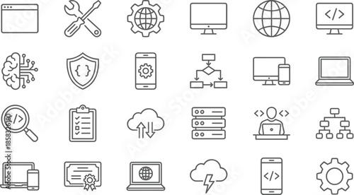 Technology line icons set for web development coding cloud security devices minimal outline vector illustration isolated on white background collection