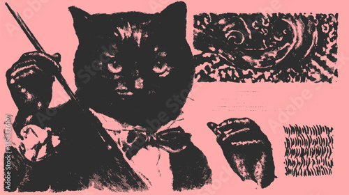 Black cat vector illustration in a hand-drawn style on a pink background. A unique art piece showcasing creativity and character.