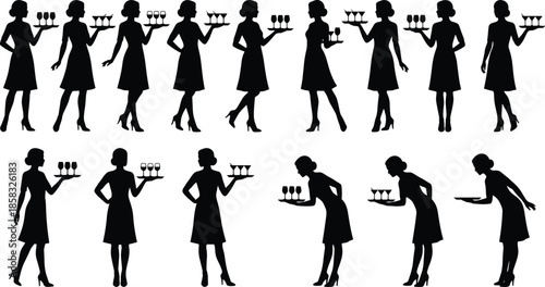 Waitress silhouettes set with servers holding drink trays, black vector illustration for restaurant bar catering and hospitality design projects templates