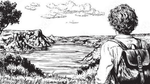 Landscape illustration featuring a tranquil river and hills. A man with a backpack gazes at the serene scenery in black and white vector artwork.